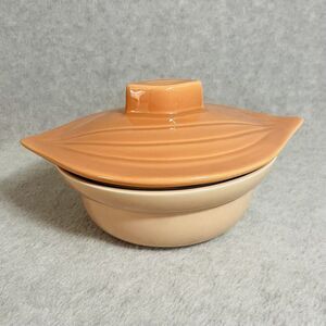 MidCentury USA California Pottery 2 Tone Peach Covered Dish Casserole Onion Flaw